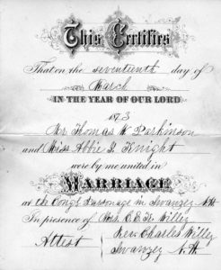 1873 marriage certificate: Thomas W. Parkinson and Abbie S. Knight